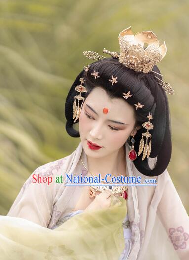 Chinese Ancient Empress Golden Lotus Crown Handmade Song Dynasty Court Woman Headdress Hanfu Hair Jewelries