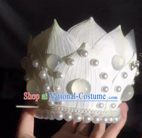 Chinese Hanfu Hair Jewelries Ancient Goddess White Lotus Crown Handmade Song Dynasty Court Empress Headdress