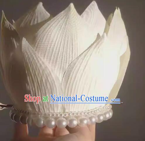 Chinese Hanfu Hair Jewelries Ancient Goddess White Lotus Crown Handmade Song Dynasty Court Empress Headdress