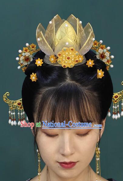 Chinese Song Dynasty Court Empress Headdress Handmade Hanfu Woman Hair Jewelries Ancient Goddess Lotus Crown