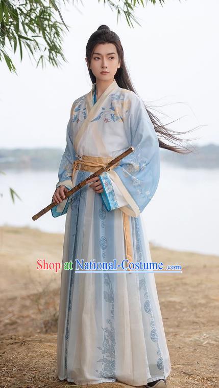 China Traditional Male Printing Hanfu Jin Dynasty Royal Childe Garment Costumes Ancient Swordsman Blue Clothing