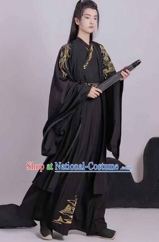 China Ancient Swordsman Black Clothing Traditional Embroidered Hanfu Jin Dynasty Royal Childe Garment Costumes