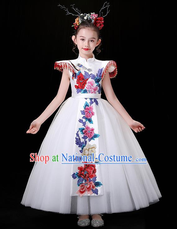 Top Children Modern Fancywork Clothing Girl Compere Full Dress Chinese Embroidered Costume