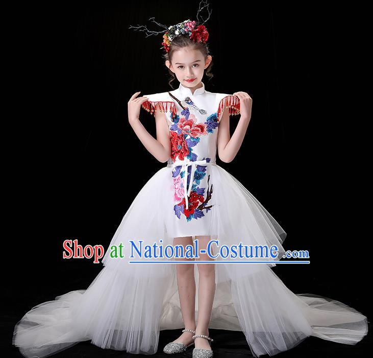 Chinese Embroidered Qipao Costume Top Children Modern Fancywork Clothing Girl Compere Full Dress