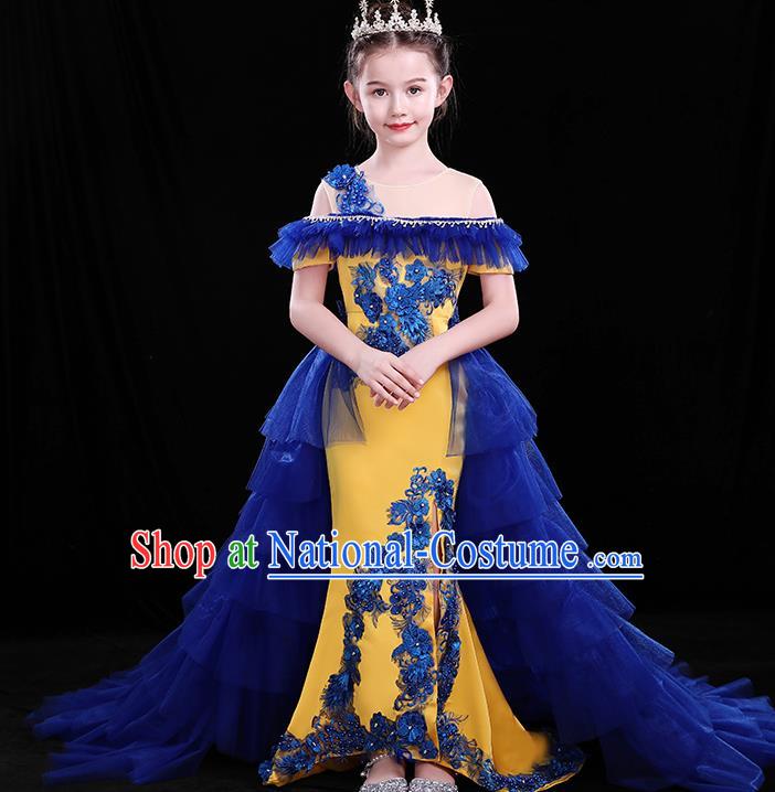 Chinese Girl Compere Full Dress Embroidered Birthday Costume Children Modern Fancywork Clothing