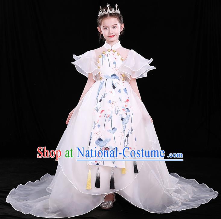 Children Modern Fancywork Clothing Chinese Girl Compere White Full Dress Catwalks Printing Lotus Costume