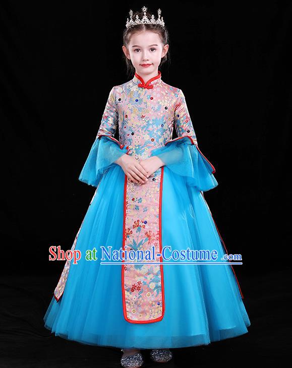 Top Catwalks Blue Veil Costume Children Modern Fancywork Clothing Chinese Girl Compere Full Dress