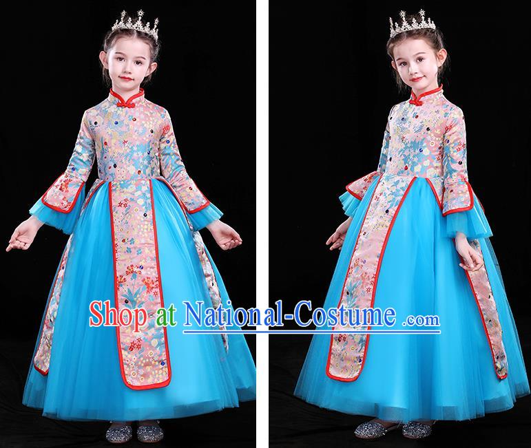 Top Catwalks Blue Veil Costume Children Modern Fancywork Clothing Chinese Girl Compere Full Dress