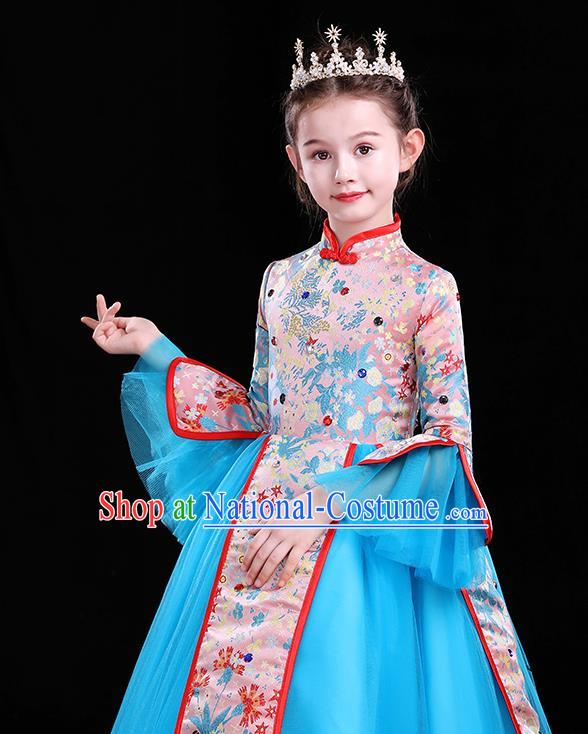 Top Catwalks Blue Veil Costume Children Modern Fancywork Clothing Chinese Girl Compere Full Dress