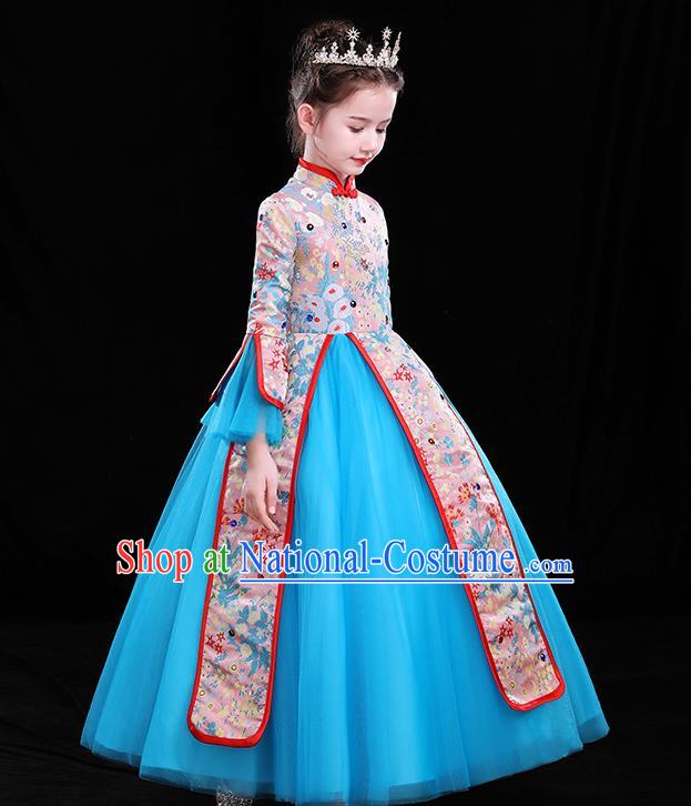 Top Catwalks Blue Veil Costume Children Modern Fancywork Clothing Chinese Girl Compere Full Dress