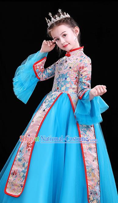 Top Catwalks Blue Veil Costume Children Modern Fancywork Clothing Chinese Girl Compere Full Dress