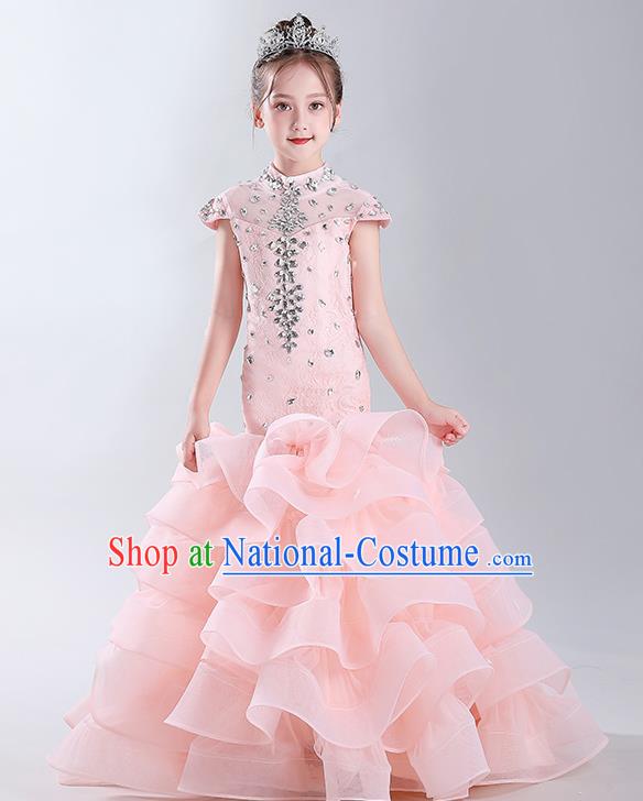 Children Modern Fancywork Clothing Girl Compere Pink Full Dress Catwalks Princess Formal Costume