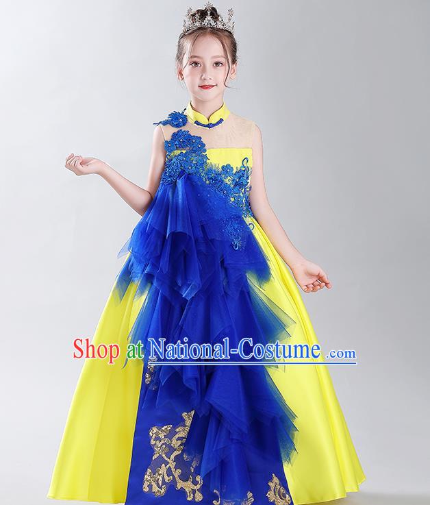 Catwalks Princess Formal Costume Children Modern Fancywork Clothing Girl Compere Yellow Full Dress