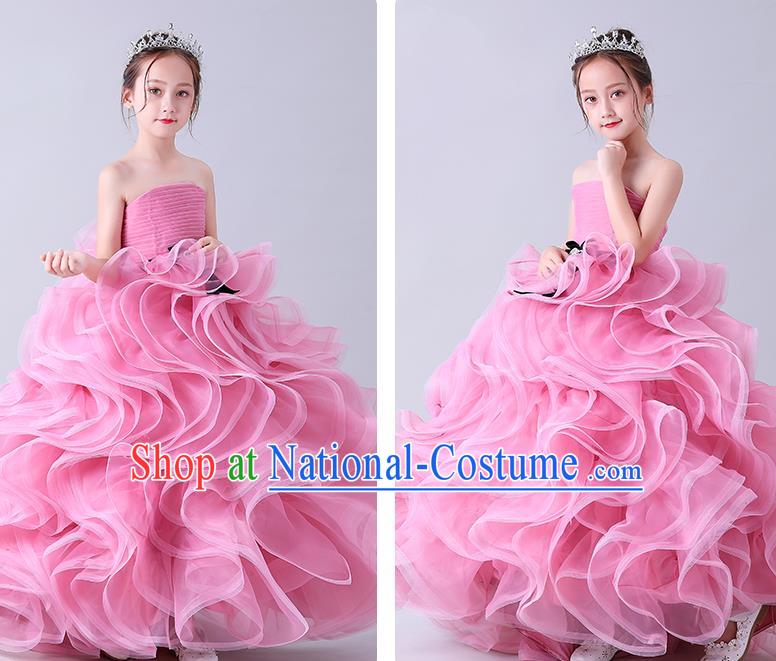 Girl Compere Pink Full Dress Catwalks Princess Formal Costume Children Stage Show Clothing