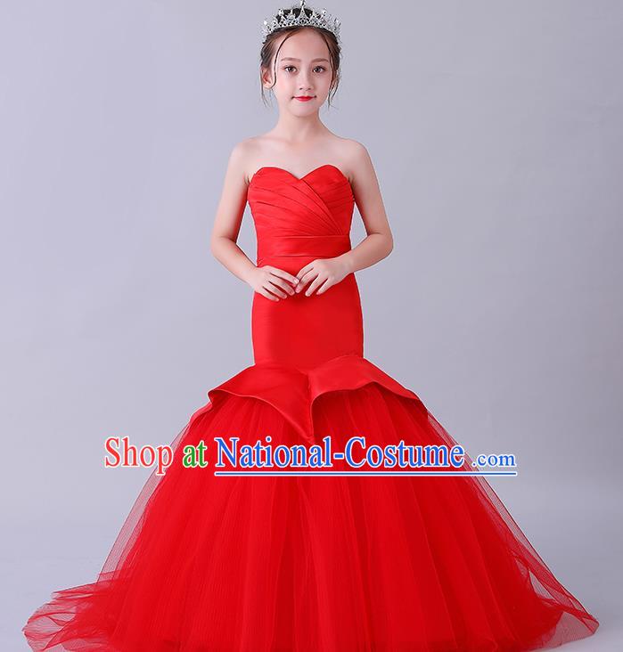 Children Stage Show Clothing Girl Compere Red Mermaid Full Dress Catwalks Princess Formal Costume