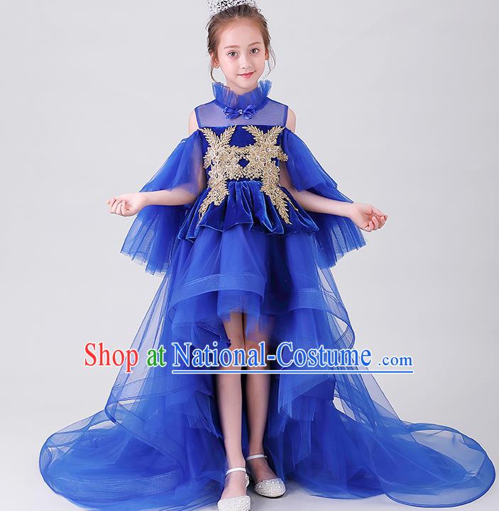 Girl Compere Royal Blue Full Dress Children Catwalks Embroidered Costume Stage Show Princess Clothing