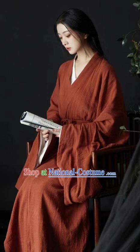 China Jin Dynasty Young Lady Clothing Ancient Swordswoman Costumes Traditional Red Linen Hanfu Dress