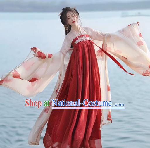 China Ancient Princess Red Dress Tang Dynasty Young Lady Clothing Traditional Woman Costumes Flower Fairy Hanfu