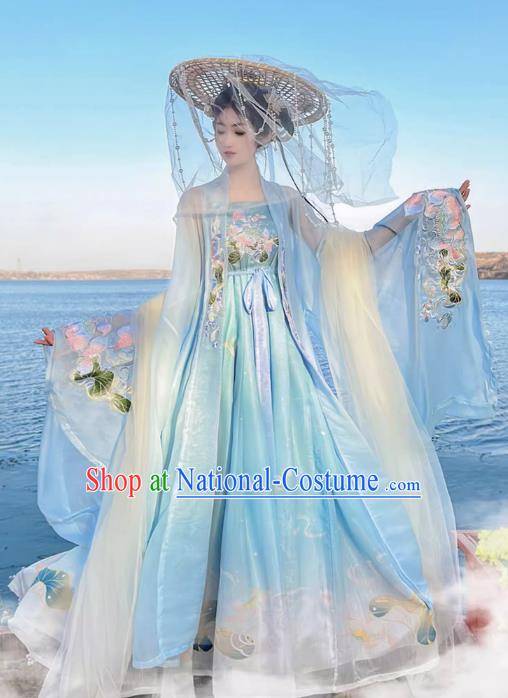 China Tang Dynasty Young Woman Clothing Traditional Hanfu Blue Hezi Dress Ancient Goddess Costumes