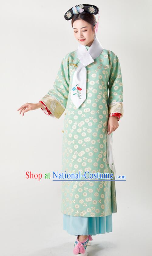 China Ancient Palace Lady Costumes Qing Dynasty Princess Clothing Green Qipao