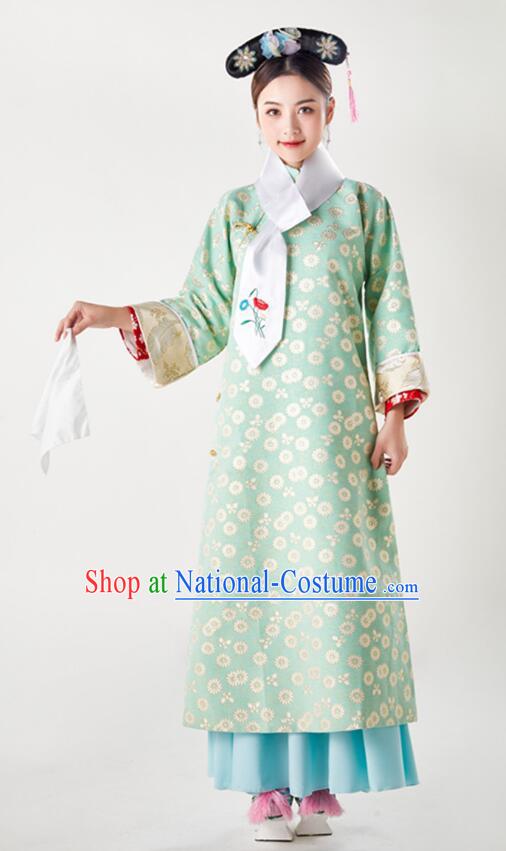 China Ancient Palace Lady Costumes Qing Dynasty Princess Clothing Green Qipao