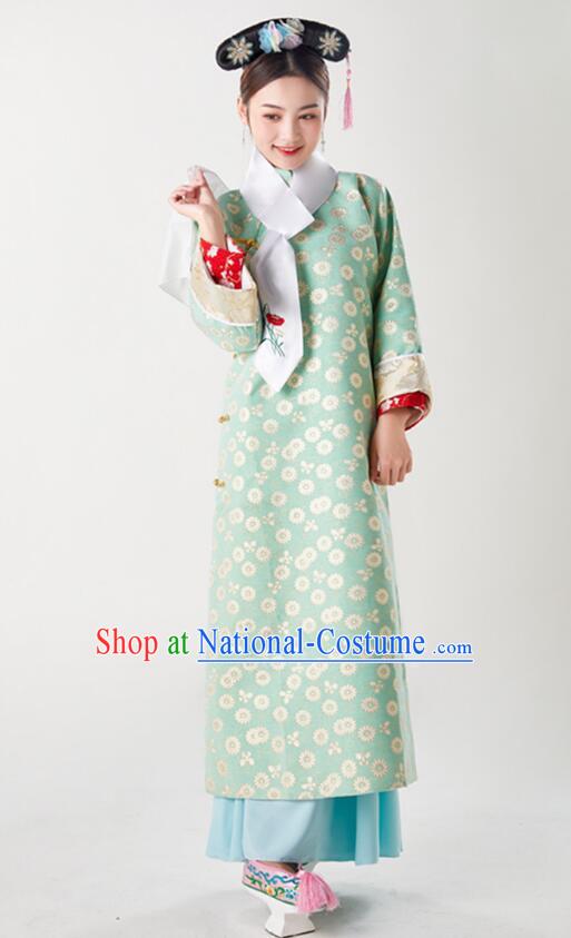 China Ancient Palace Lady Costumes Qing Dynasty Princess Clothing Green Qipao