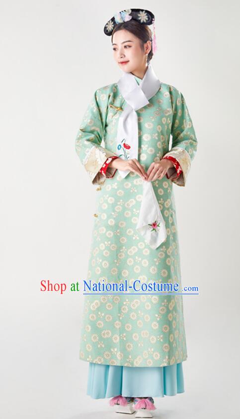 China Ancient Palace Lady Costumes Qing Dynasty Princess Clothing Green Qipao