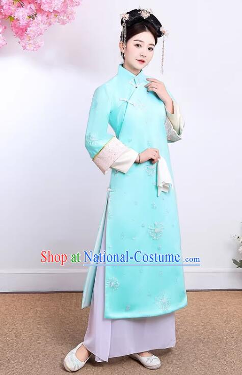 China Qing Dynasty Court Lady Clothing TV Series Manchu Woman Blue Dress Ancient Royal Princess Costumes