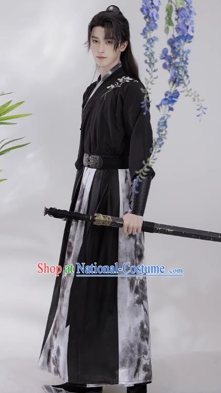 China Ancient Young Hero Costumes Ming Dynasty Male Clothing Wuxia TV Series Swordsman Black Hanfu Outfit