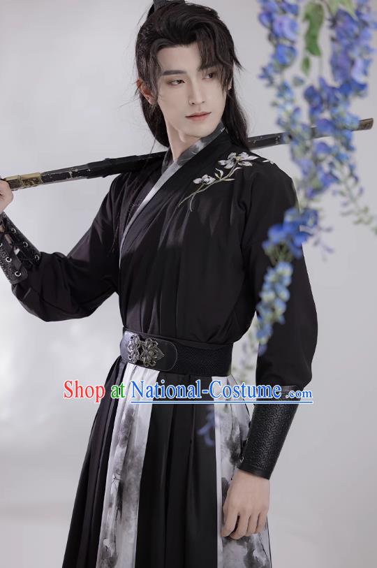 China Ancient Young Hero Costumes Ming Dynasty Male Clothing Wuxia TV Series Swordsman Black Hanfu Outfit