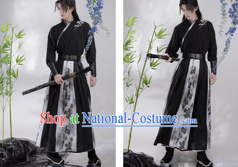 China Ancient Young Hero Costumes Ming Dynasty Male Clothing Wuxia TV Series Swordsman Black Hanfu Outfit