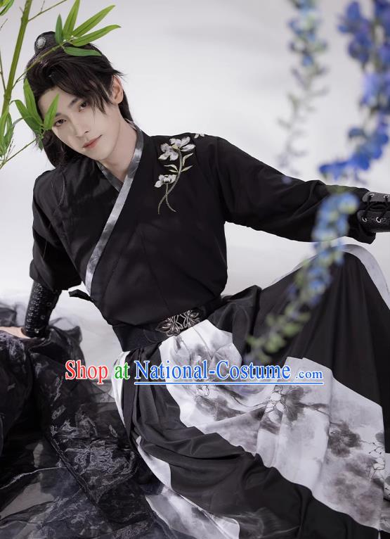 China Ancient Young Hero Costumes Ming Dynasty Male Clothing Wuxia TV Series Swordsman Black Hanfu Outfit