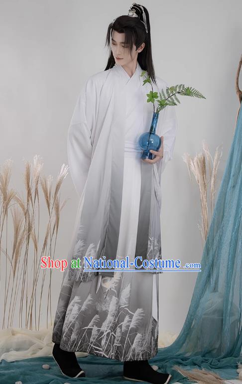 China Wuxia TV Series Swordsman White Hanfu Outfit Ancient Young Childe Costumes Song Dynasty Scholar Clothing