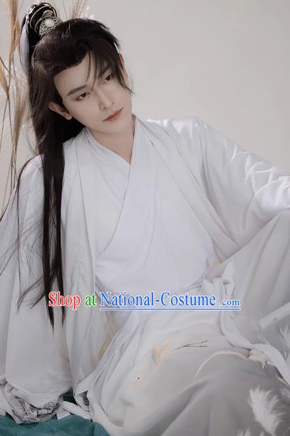 China Wuxia TV Series Swordsman White Hanfu Outfit Ancient Young Childe Costumes Song Dynasty Scholar Clothing