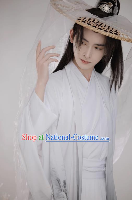 China Wuxia TV Series Swordsman White Hanfu Outfit Ancient Young Childe Costumes Song Dynasty Scholar Clothing