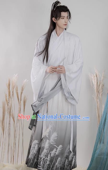 China Wuxia TV Series Swordsman White Hanfu Outfit Ancient Young Childe Costumes Song Dynasty Scholar Clothing