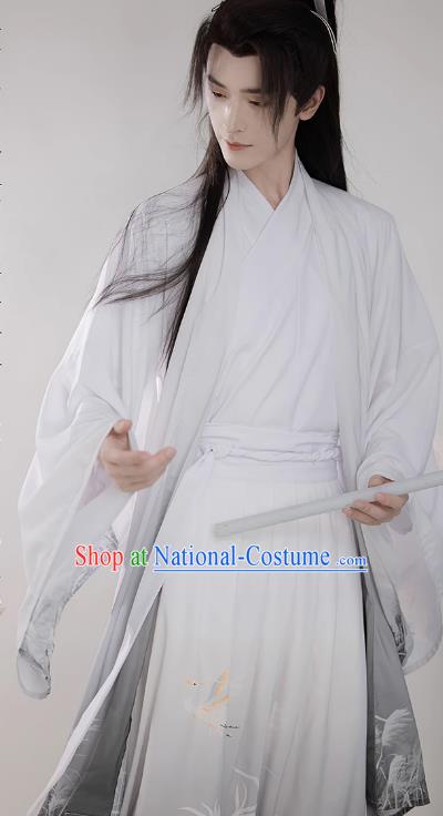 China Wuxia TV Series Swordsman White Hanfu Outfit Ancient Young Childe Costumes Song Dynasty Scholar Clothing