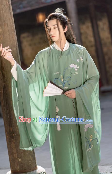 China Song Dynasty Scholar Clothing TV Series Swordsman Green Hanfu Outfit Ancient Young Childe Costumes