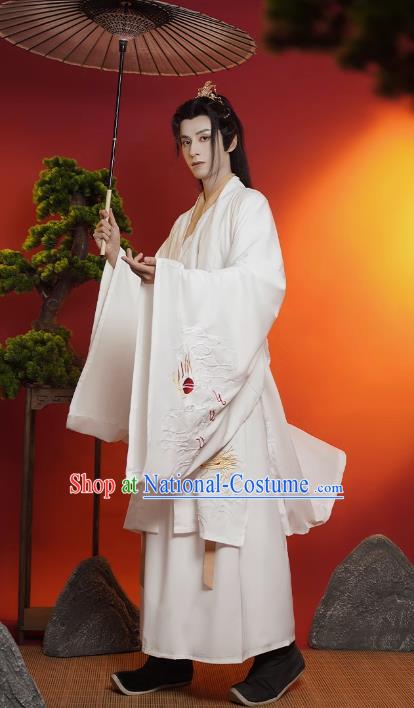 China Ancient Young Childe Costumes Ming Dynasty Scholar Clothing TV Series Swordsman White Hanfu Outfit