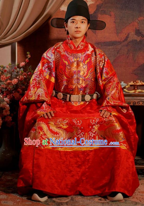 China Traditional Wedding Clothing Ancient Groom Red Costume Ming Dynasty Scholar Robes Complete Set