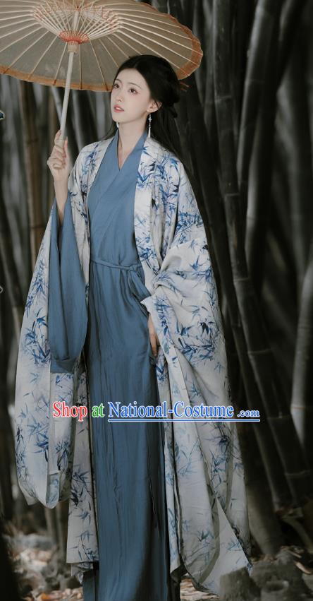 China Traditional Hanfu Printing Bamboo Clothing Ancient Young Woman Costume Jin Dynasty Female Swordsman Dresses