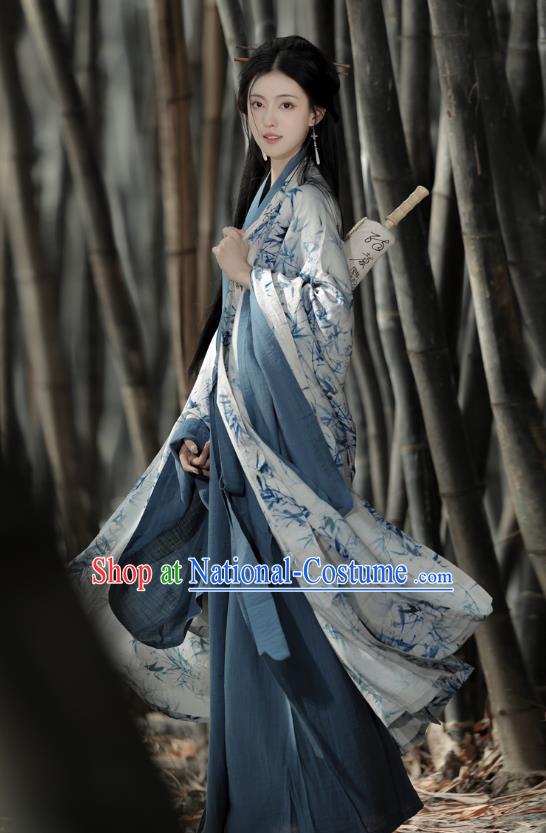 China Traditional Hanfu Printing Bamboo Clothing Ancient Young Woman Costume Jin Dynasty Female Swordsman Dresses