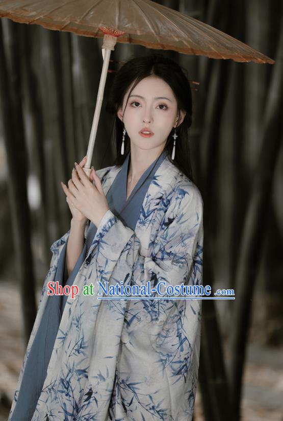 China Traditional Hanfu Printing Bamboo Clothing Ancient Young Woman Costume Jin Dynasty Female Swordsman Dresses