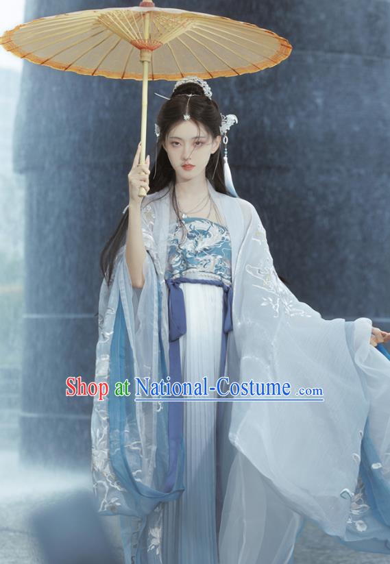 China Tang Dynasty Princess Blue Dresses Traditional Hanfu Embroidered Hezi Qun Clothing Ancient Palace Lady Costumes