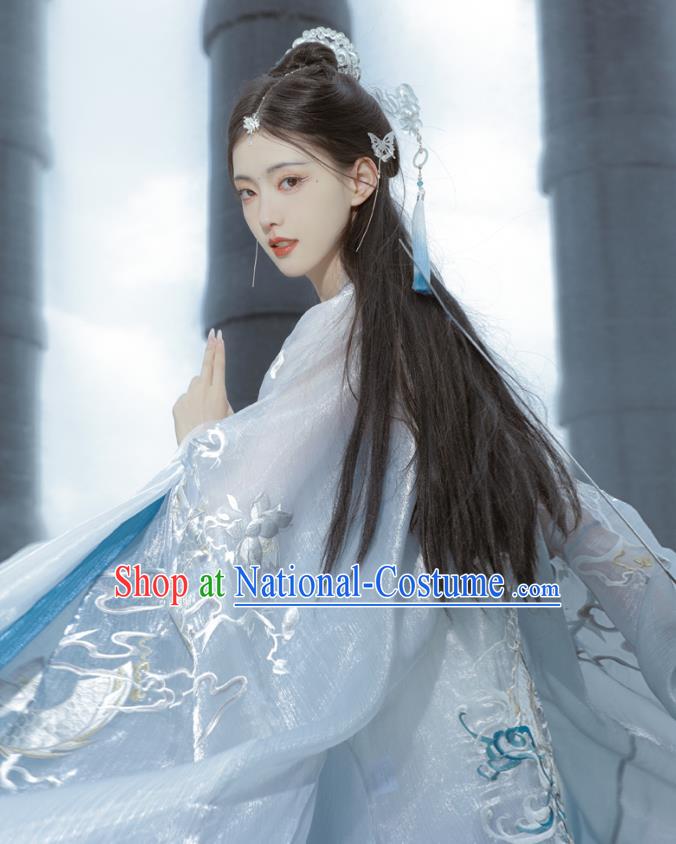 China Tang Dynasty Princess Blue Dresses Traditional Hanfu Embroidered Hezi Qun Clothing Ancient Palace Lady Costumes