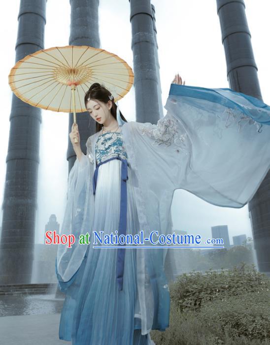 China Tang Dynasty Princess Blue Dresses Traditional Hanfu Embroidered Hezi Qun Clothing Ancient Palace Lady Costumes