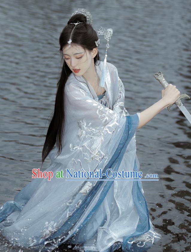 China Tang Dynasty Princess Blue Dresses Traditional Hanfu Embroidered Hezi Qun Clothing Ancient Palace Lady Costumes