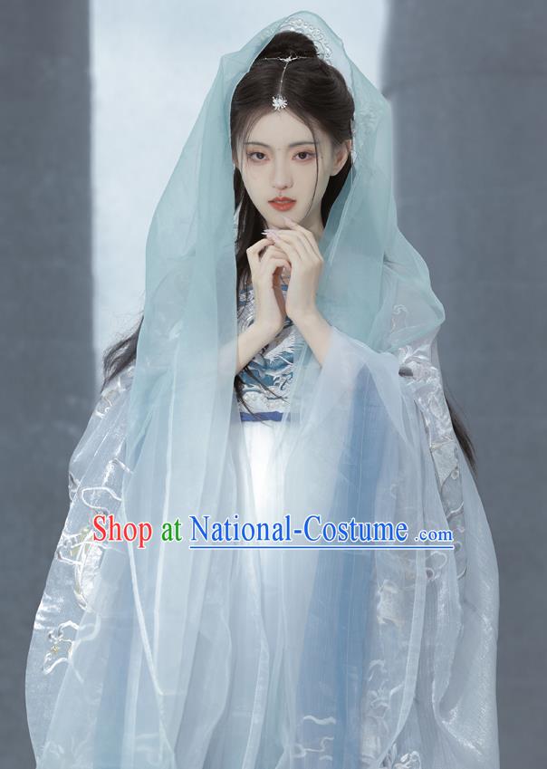 China Tang Dynasty Princess Blue Dresses Traditional Hanfu Embroidered Hezi Qun Clothing Ancient Palace Lady Costumes