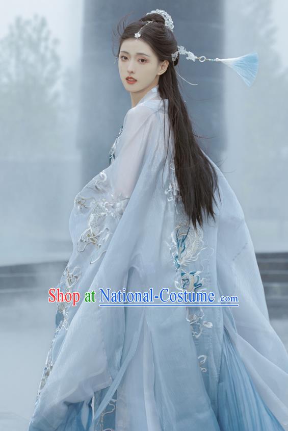 China Tang Dynasty Princess Blue Dresses Traditional Hanfu Embroidered Hezi Qun Clothing Ancient Palace Lady Costumes