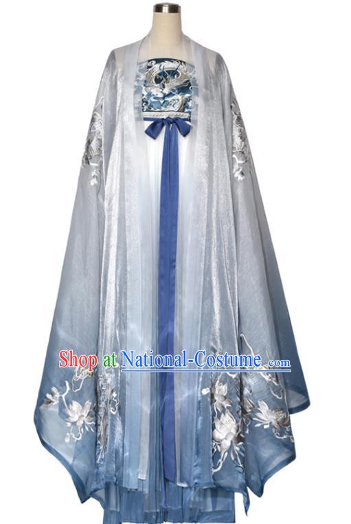 China Tang Dynasty Princess Blue Dresses Traditional Hanfu Embroidered Hezi Qun Clothing Ancient Palace Lady Costumes